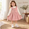 Girls’ Pink Bow-Detail Dress — Cream Ribbed Top