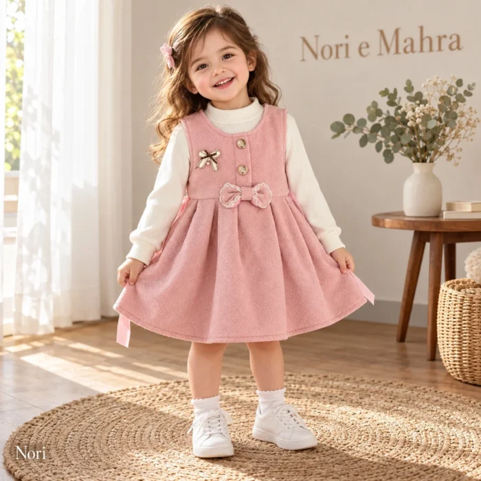 Girls’ Pink Bow-Detail Dress — Cream Ribbed Top
