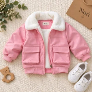 Boys’  Girls Faux-Leather Fur-Collar Bomber Jacket | Fleece inner | Pink-Cream