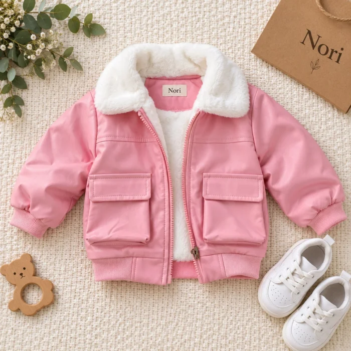 Boys’  Girls Faux-Leather Fur-Collar Bomber Jacket | Fleece inner | Pink-Cream