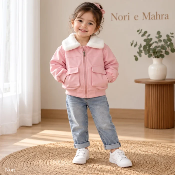 Boys’  Girls Faux-Leather Fur-Collar Bomber Jacket | Fleece inner | Pink-Cream