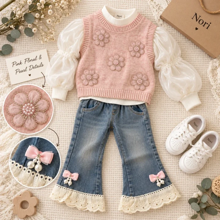 Pink Floral Knit Vest with Ivory Puff-Sleeve Top & Lace-Hem Denim Trousers