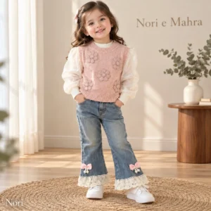 Pink Floral Knit Vest with Ivory Puff-Sleeve Top & Lace-Hem Denim Trousers