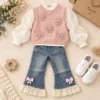 Pink Floral Knit Vest with Ivory Puff-Sleeve Top & Lace-Hem Denim Trousers