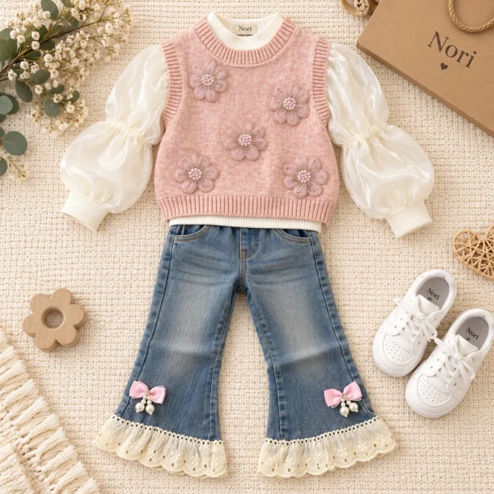 Pink Floral Knit Vest with Ivory Puff-Sleeve Top & Lace-Hem Denim Trousers