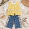 Girls’ Floral Knit Vest with Denim Trousers | Pink & Yellow