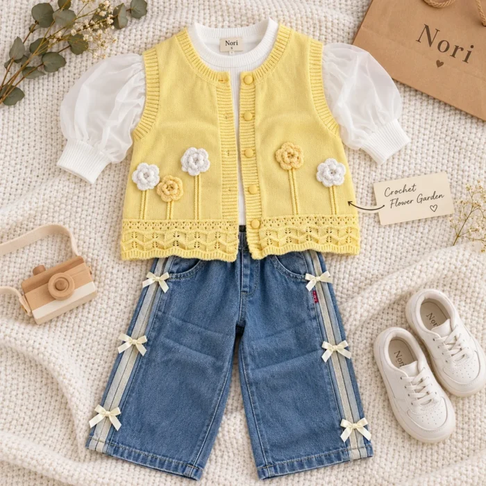 Girls’ Floral Knit Vest with Denim Trousers | Pink & Yellow