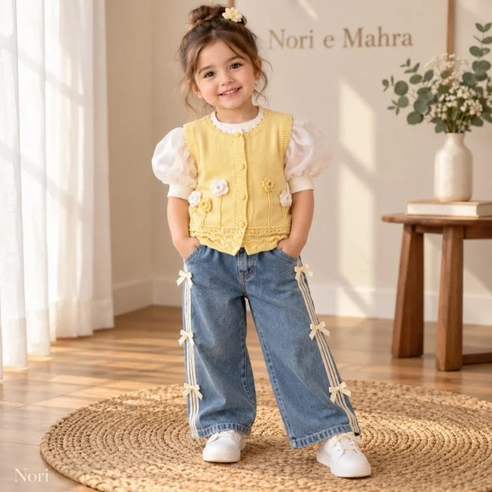 Girls’ Floral Knit Vest with Denim Trousers | Pink & Yellow